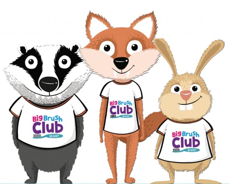 Cartoon badger, fox and rabbit stand together in white t-shirts with the Big Brush Club logo on them.