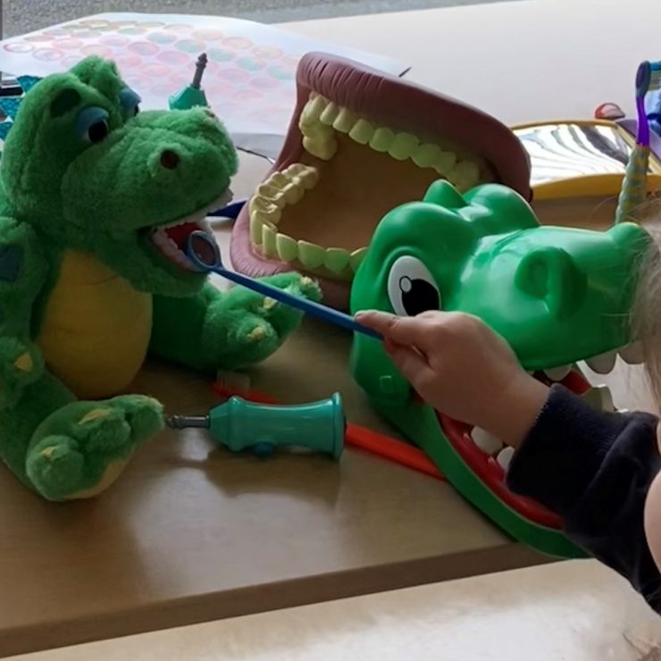 A child looks in the mouth of a toy crocodile using a mouth mirror. Other mouth models and dental role play toys lay about on the table.