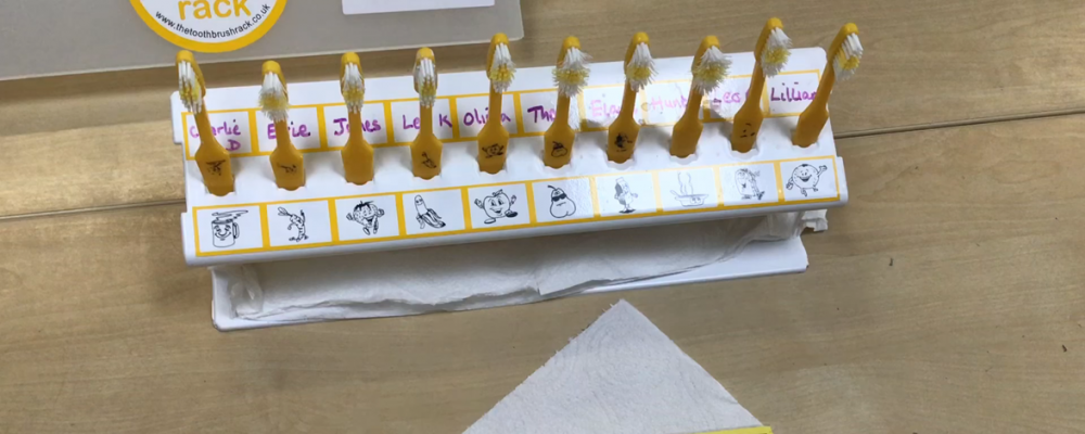 A white toothbrush rack holds ten yellow toothbrushes. A laminated piece of yellow cards has ten blobs of toothpaste on it ready for use.