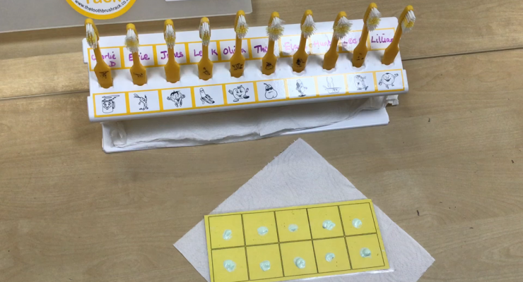 A white toothbrush rack holds ten yellow toothbrushes. A laminated piece of yellow cards has ten blobs of toothpaste on it ready for use.